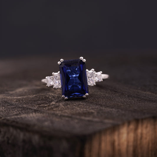 Emerald Blue Sapphire Silver Engagement Ring