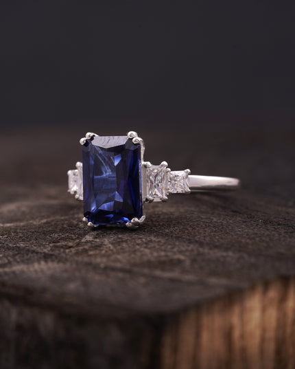 Emerald Blue Sapphire Silver Engagement Ring Left Angle