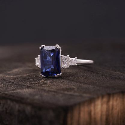 Emerald Blue Sapphire Silver Engagement Ring - Gigiscc