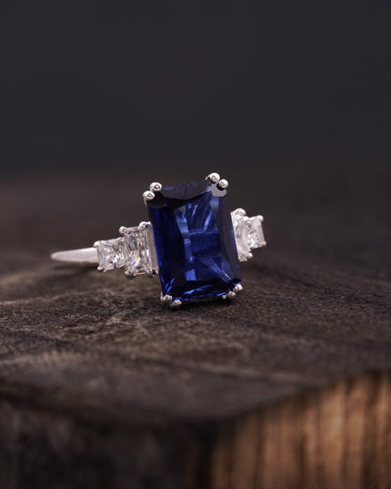 Emerald Blue Sapphire Silver Engagement Ring Right Angle
