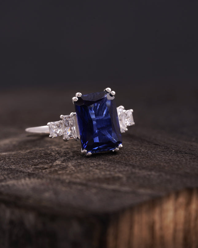 Emerald Blue Sapphire Silver Engagement Ring Right Angle