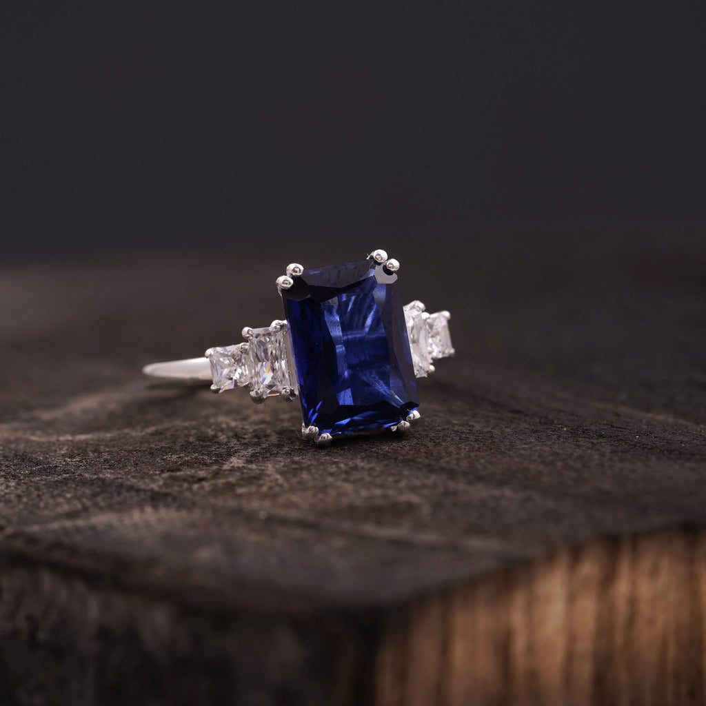 Emerald Blue Sapphire Silver Engagement Ring - Gigiscc