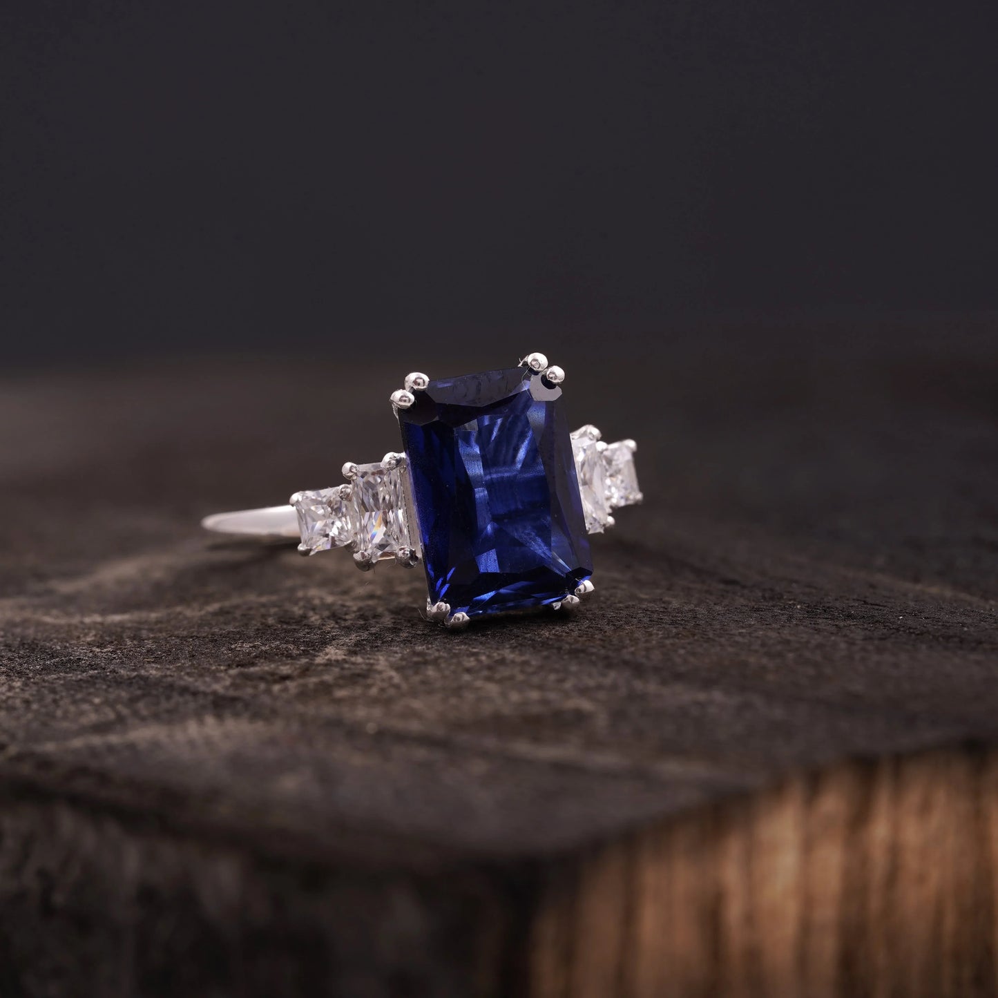 Emerald Blue Sapphire Silver Engagement Ring - Gigiscc