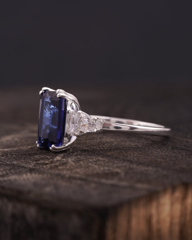 Emerald Blue Sapphire Silver Engagement Ring Side Position