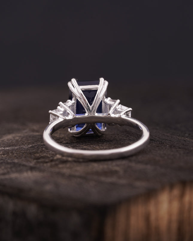 Emerald Blue Sapphire Silver Engagement Ring Back Position