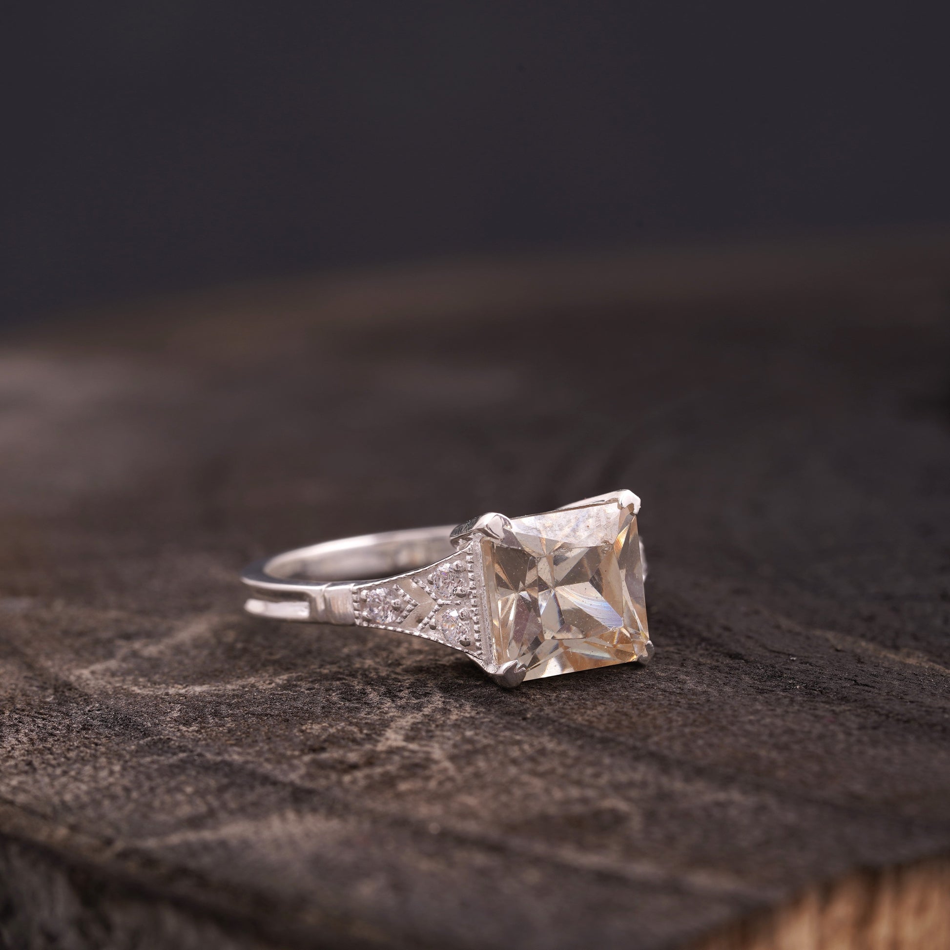Asscher Cut Peach Moissanite Diamond Ring Right Side Position