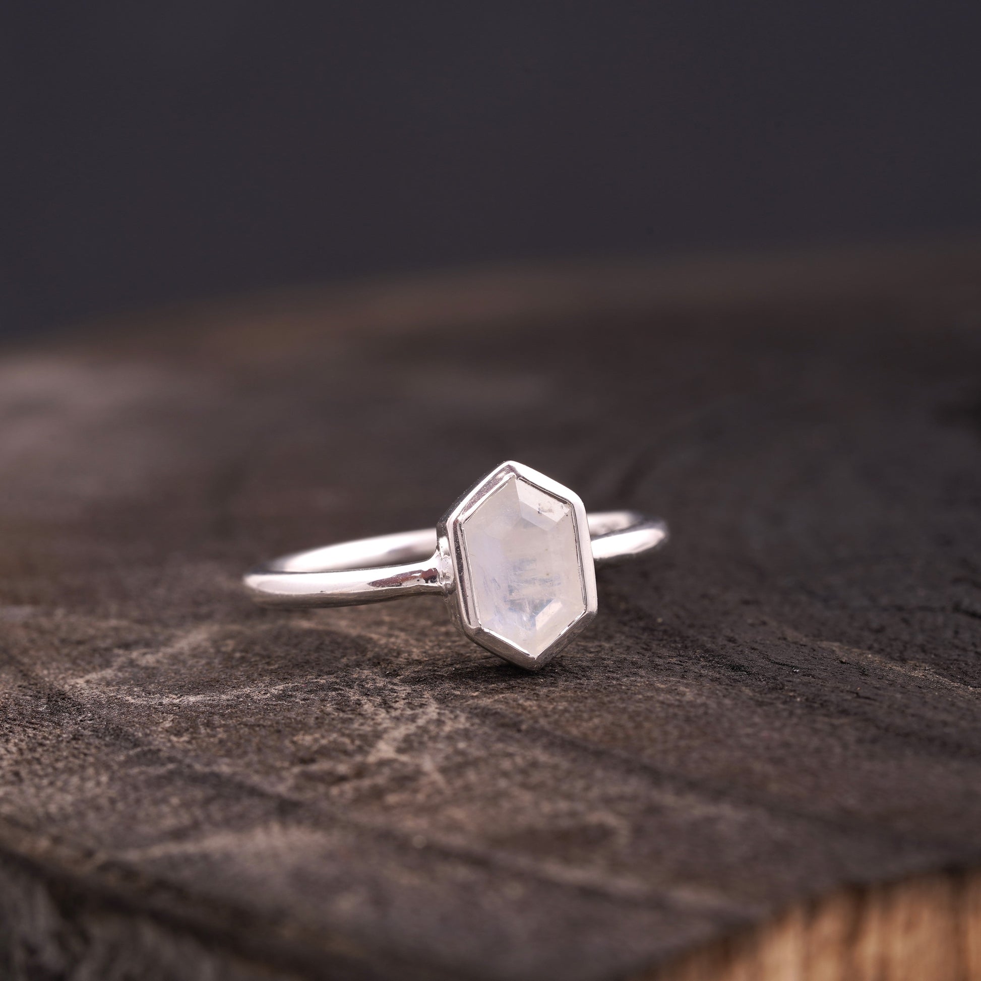 Hexagon Cut Moonstone Solitaire Ring Right Side Pose