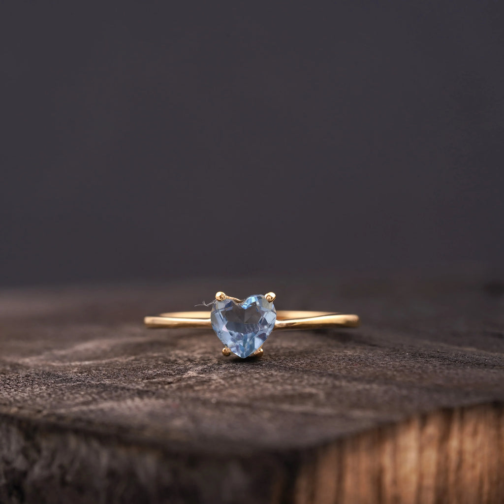 Dainty Heart Aquamarine Stacking Ring - Gigiscc