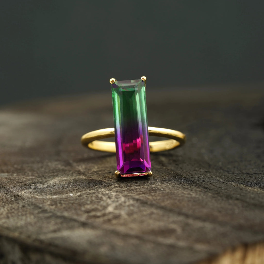 Long Baguette Watermelon Tourmaline Bicolor Engagement Ring - Gigiscc