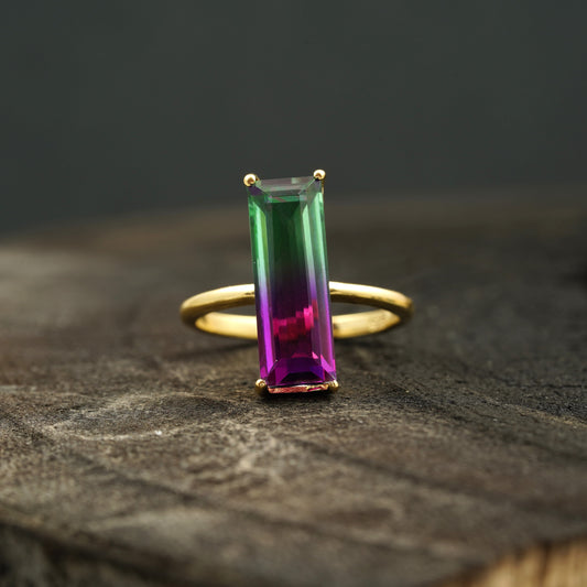 Long Baguette Watermelon Tourmaline Bi-Color Ring