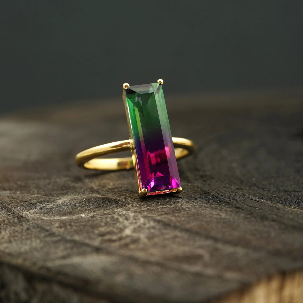 Long Baguette Watermelon Tourmaline Bicolor Engagement Ring - Gigiscc