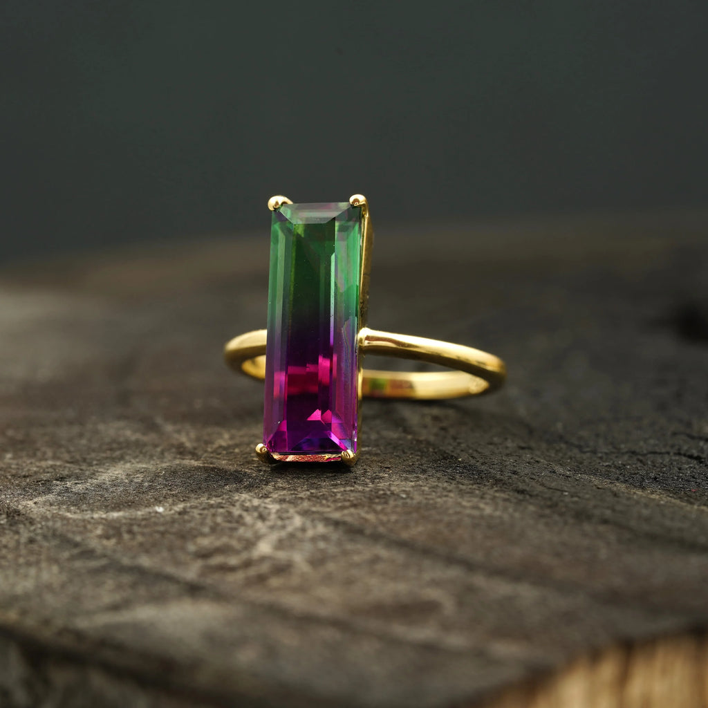 Long Baguette Watermelon Tourmaline Bicolor Engagement Ring - Gigiscc