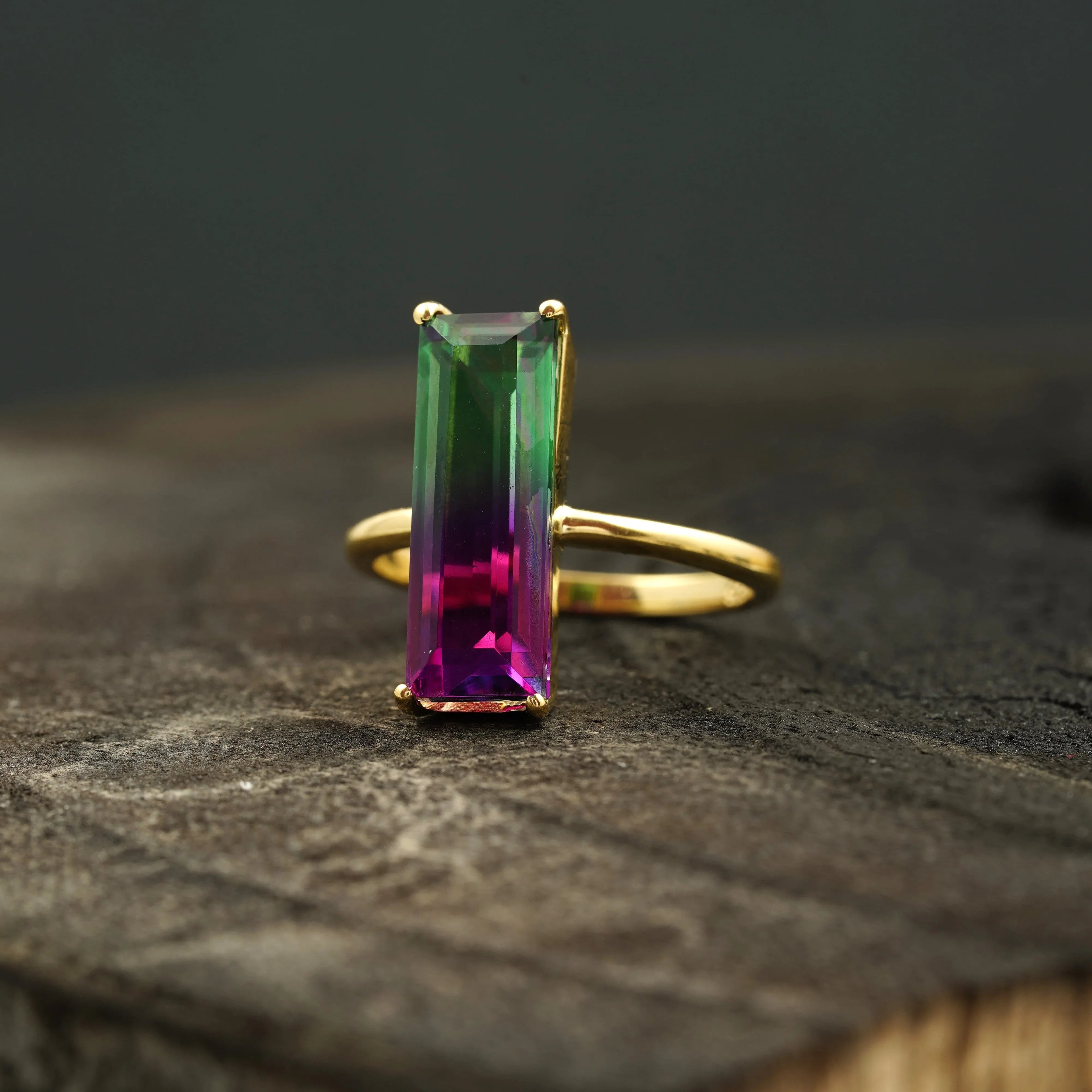 Long Baguette Watermelon Tourmaline Bicolor Engagement Ring - Gigiscc