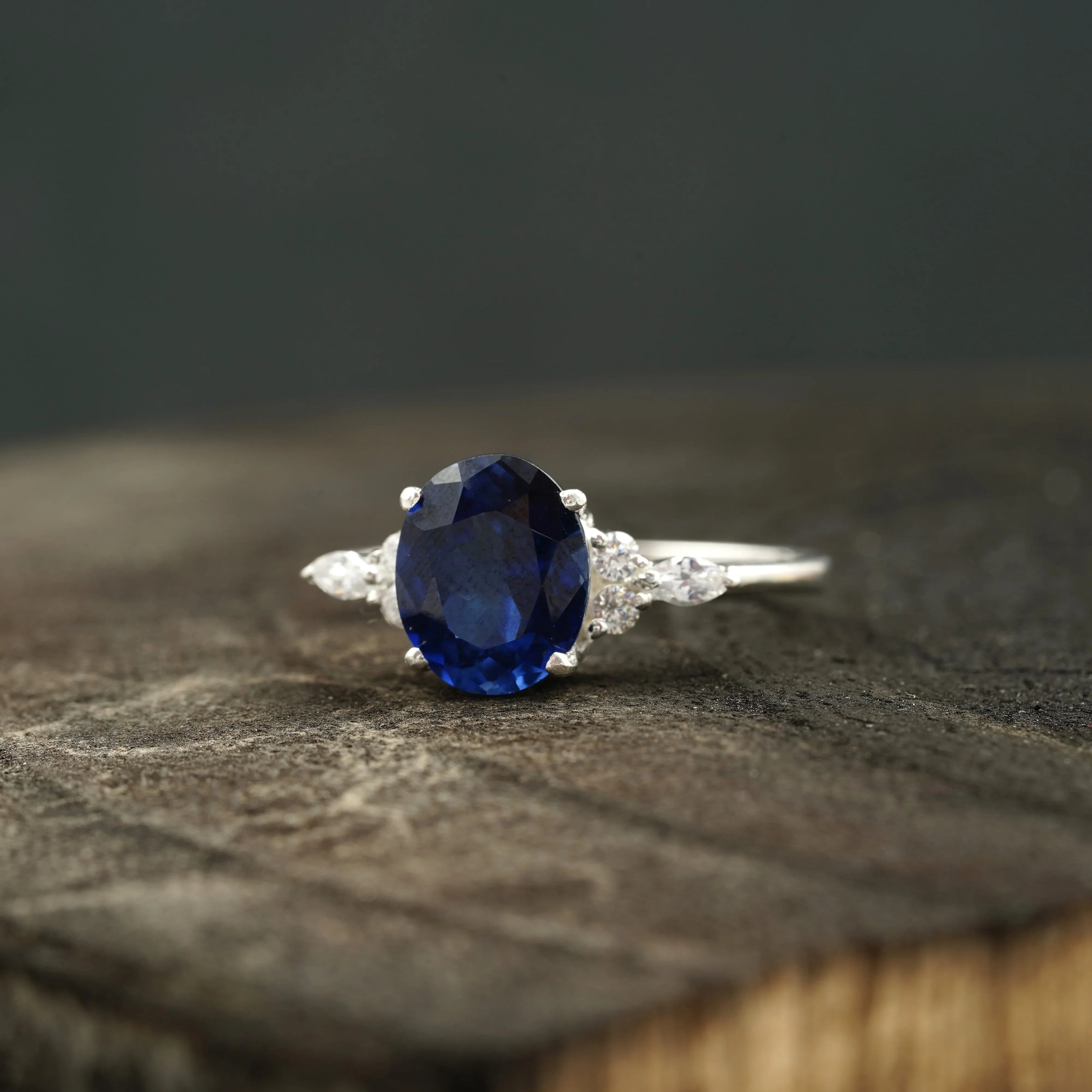 Oval Cut Blue Sapphire Sterling Silver Engagement Ring - Gigiscc