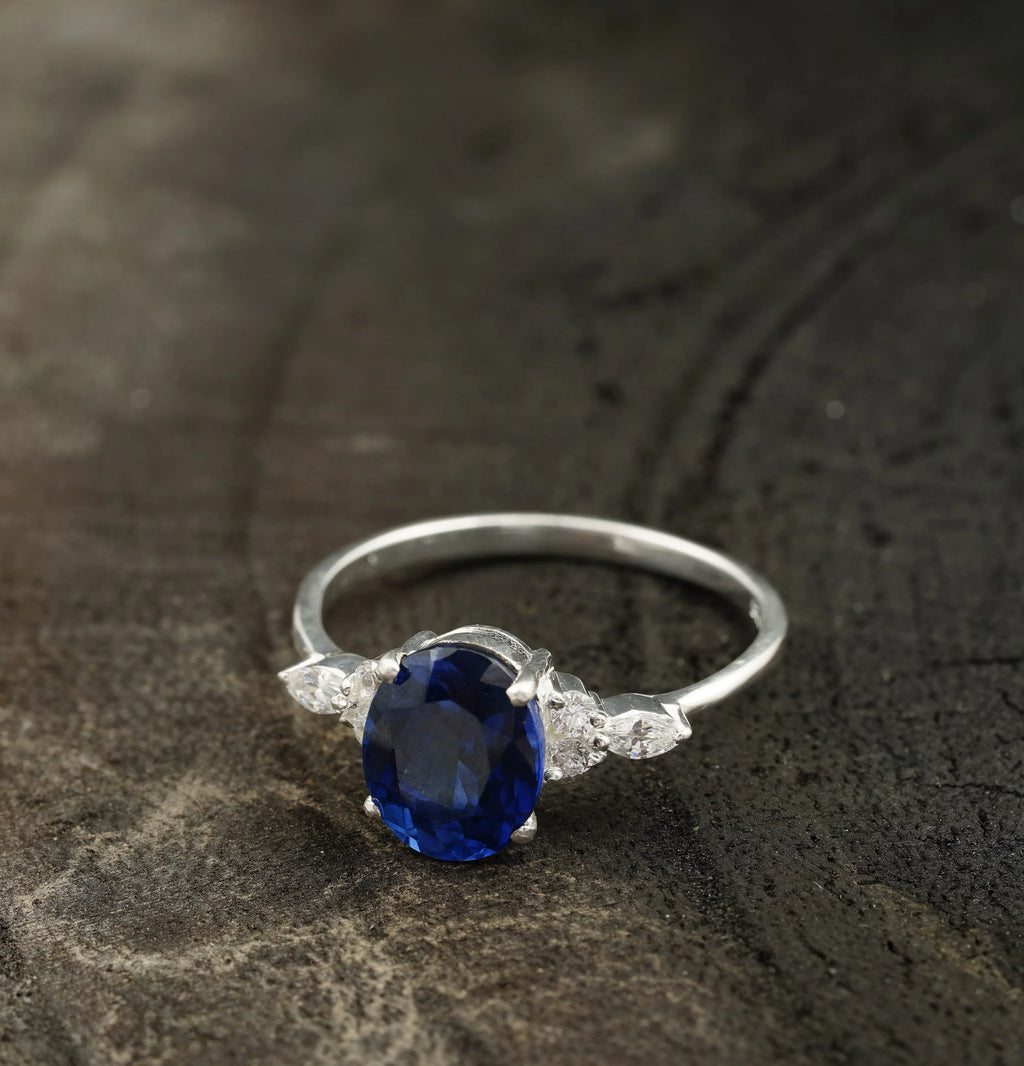 Oval Cut Blue Sapphire Sterling Silver Engagement Ring - Gigiscc