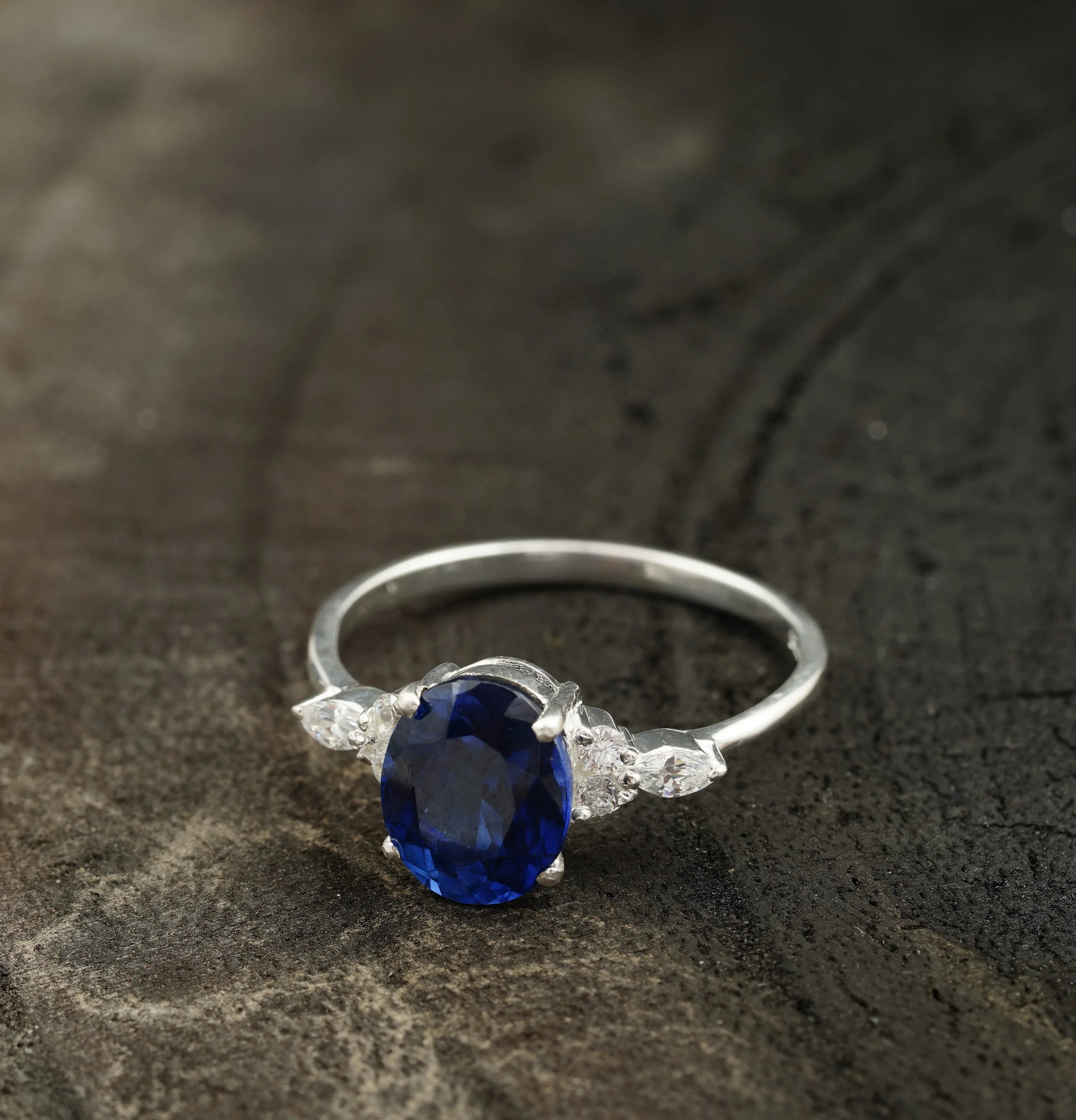 Oval Cut Blue Sapphire Sterling Silver Engagement Ring - Gigiscc