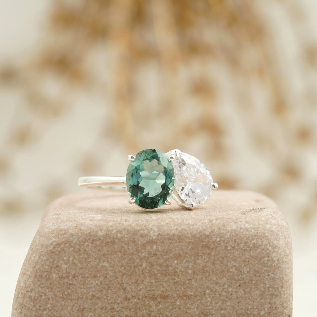 Toi Et Moi Tourmaline & Diamond Silver Engagement Ring - Gigiscc