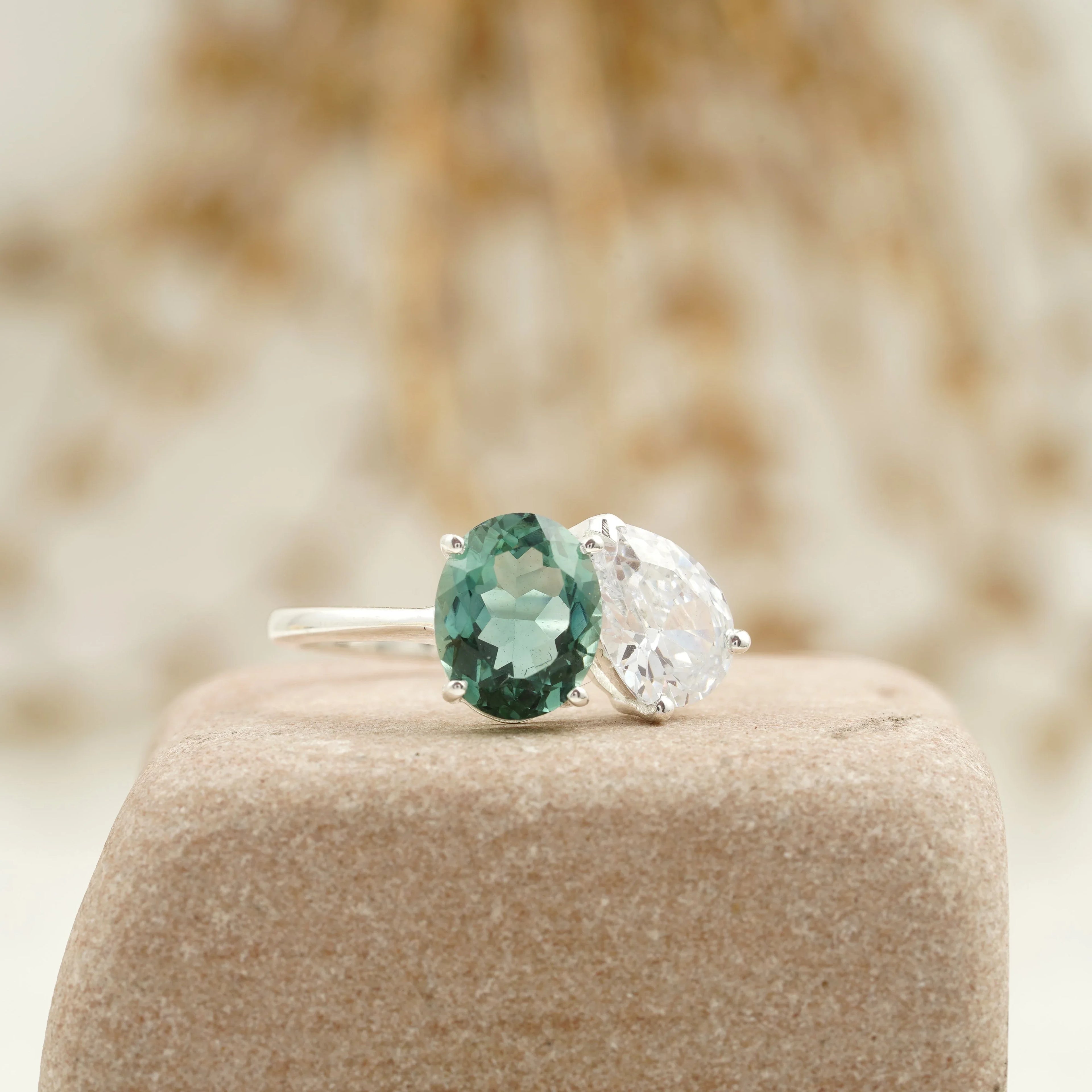 Toi Et Moi Tourmaline & Diamond Silver Engagement Ring - Gigiscc