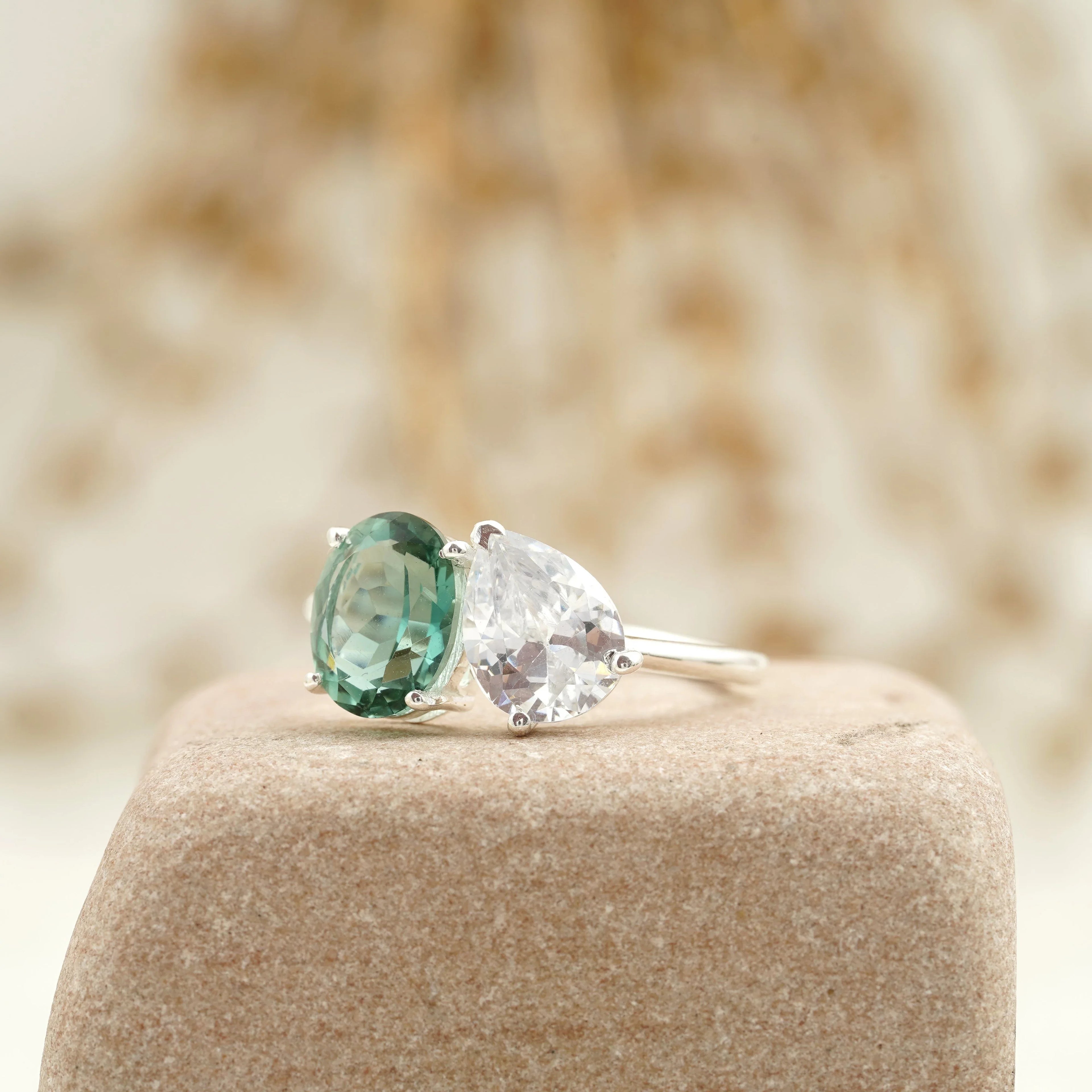Toi Et Moi Tourmaline & Diamond Silver Engagement Ring - Gigiscc