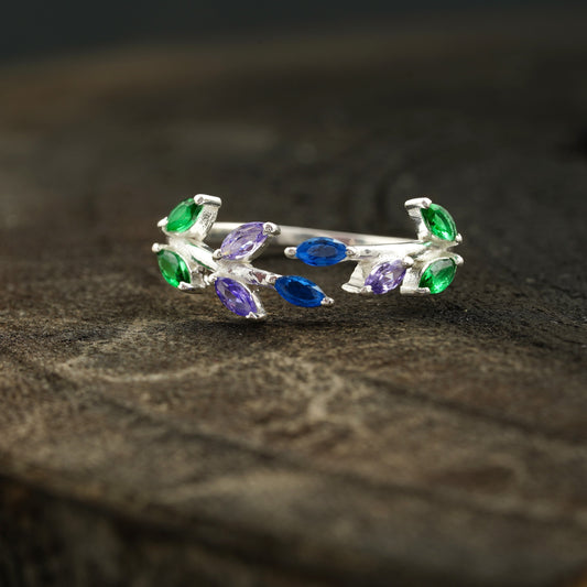 Marquise Cut Multi-Stone Sapphire Amethyst & Emerald Wedding Band