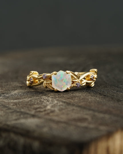 Hexagon Opal & Leaf Alexandrite Gold Engagement Ring