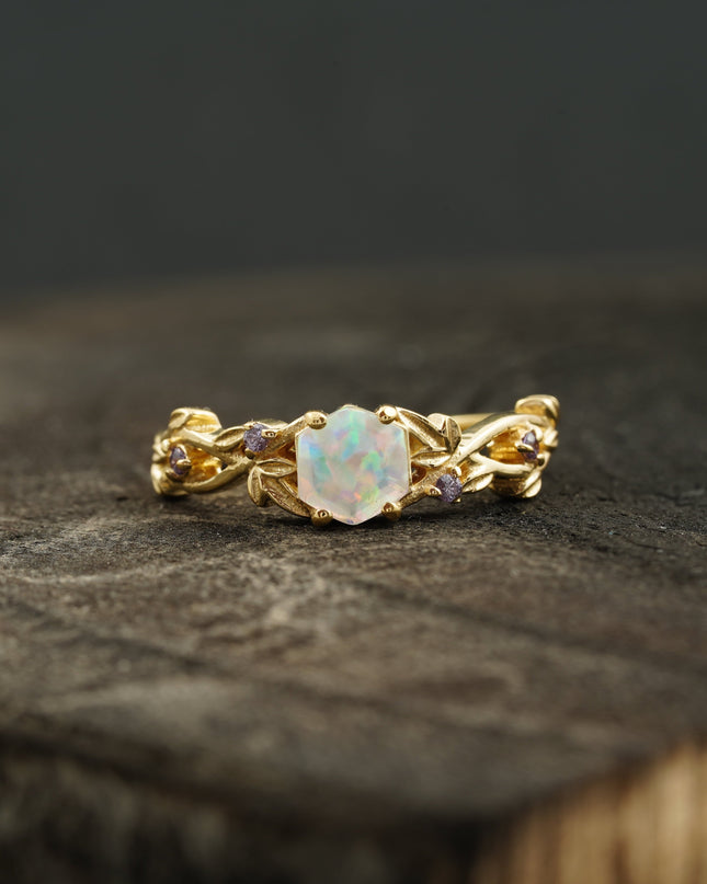 Hexagon Opal & Leaf Alexandrite Gold Engagement Ring