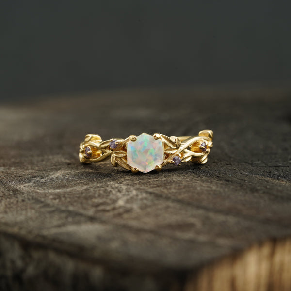 Hexagon Opal & Leaf Alexandrite Gold Engagement Ring