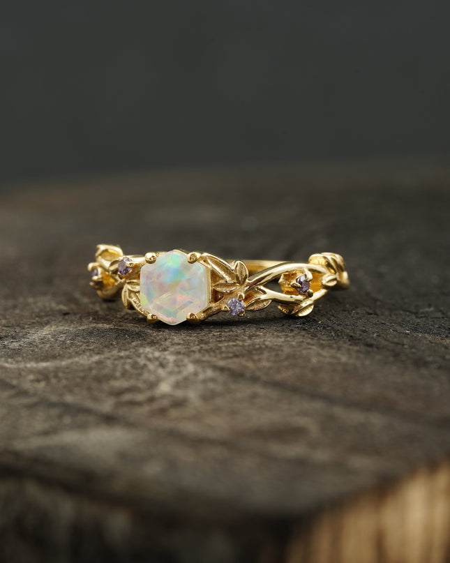 Hexagon Opal & Leaf Alexandrite Gold Engagement Ring Left Angle