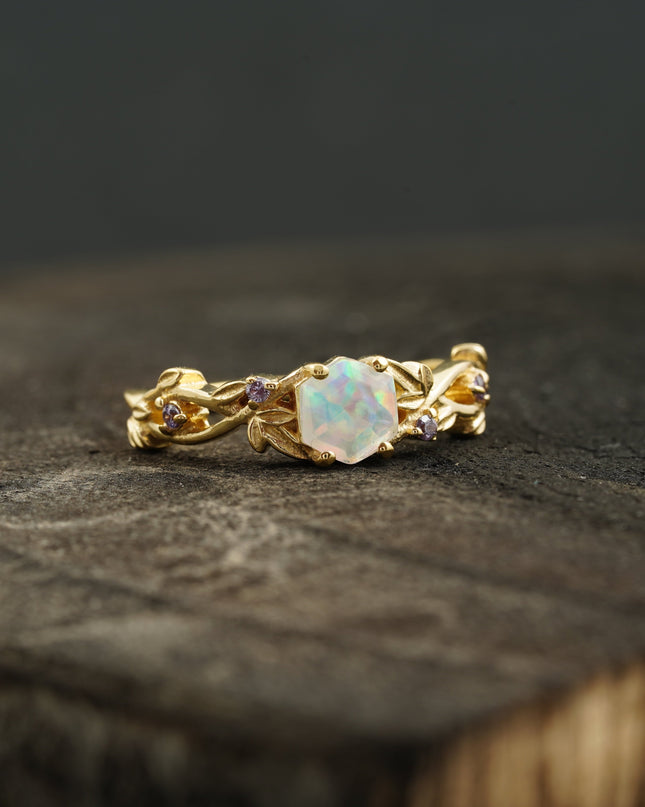 Hexagon Opal & Leaf Alexandrite Gold Engagement Ring  Right Angle