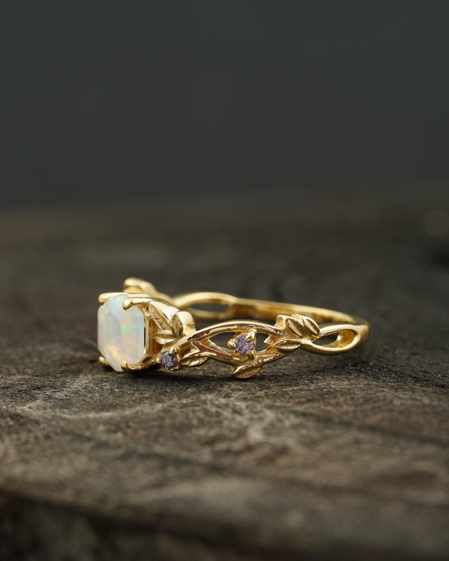 Hexagon Opal & Leaf Alexandrite Gold Engagement Ring SIde Position