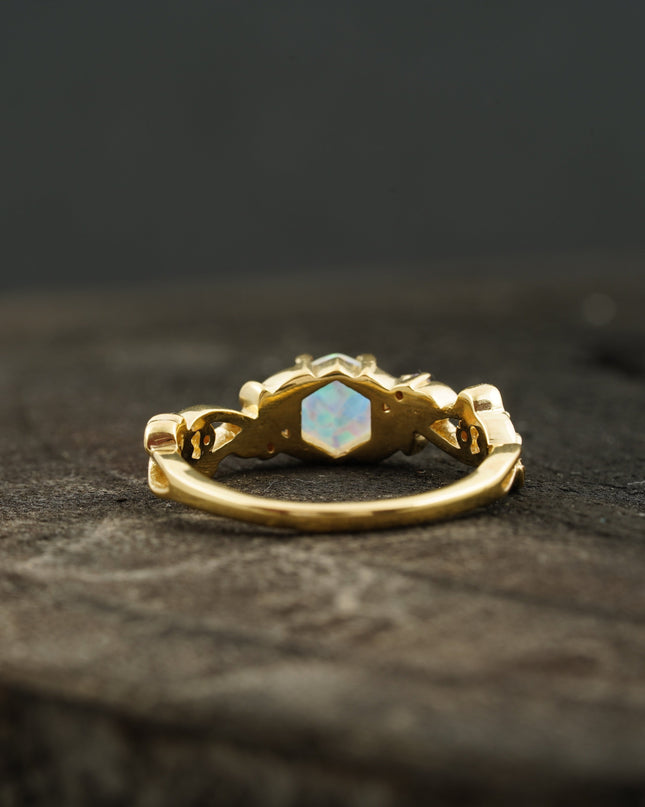Hexagon Opal & Leaf Alexandrite Gold Engagement Ring Back Angle