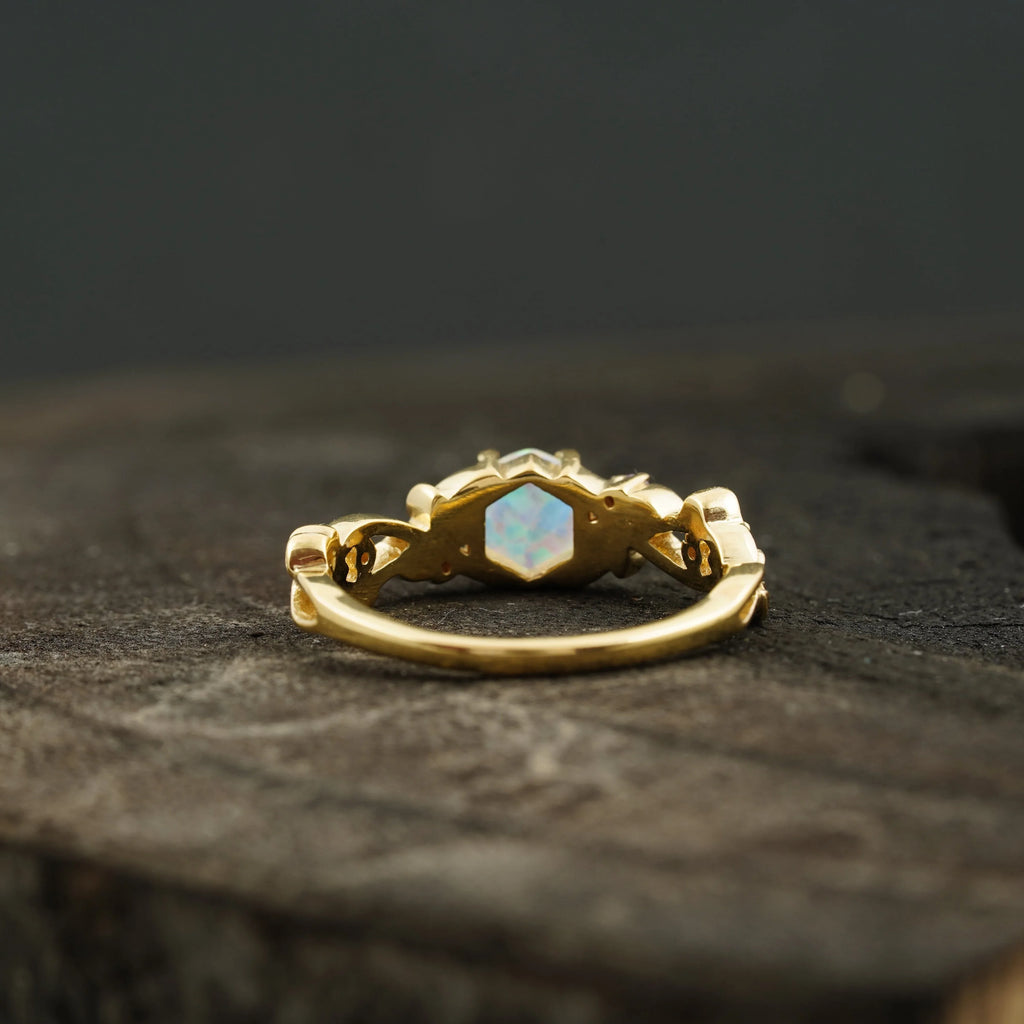 Hexagon Opal & Leaf Alexandrite Gold Engagement Ring - Gigiscc