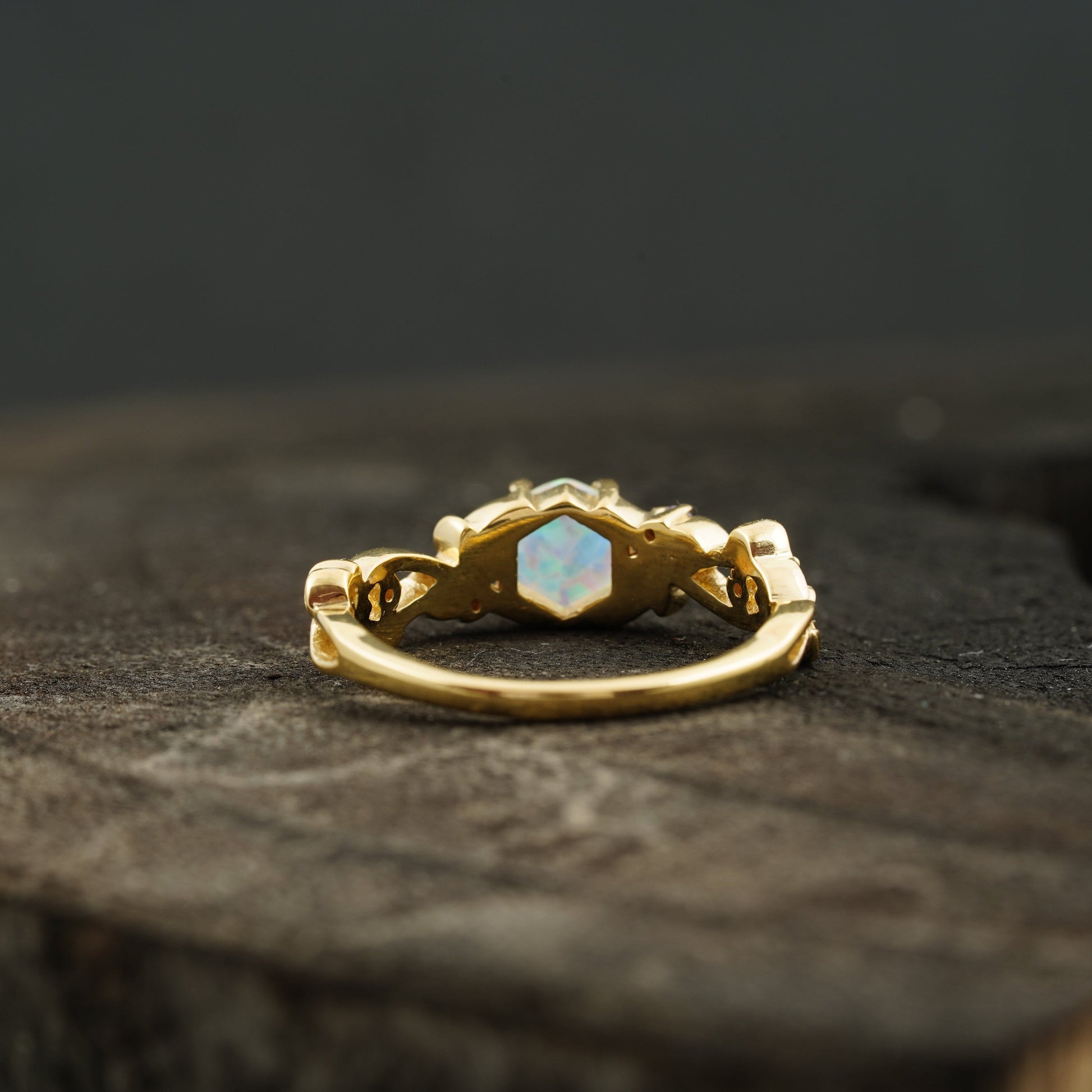 Hexagon Opal & Leaf Alexandrite Gold Engagement Ring Back Angle