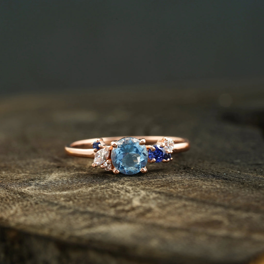Aquamarine Cluster CZ Diamond Stacking Ring For Women - Gigiscc