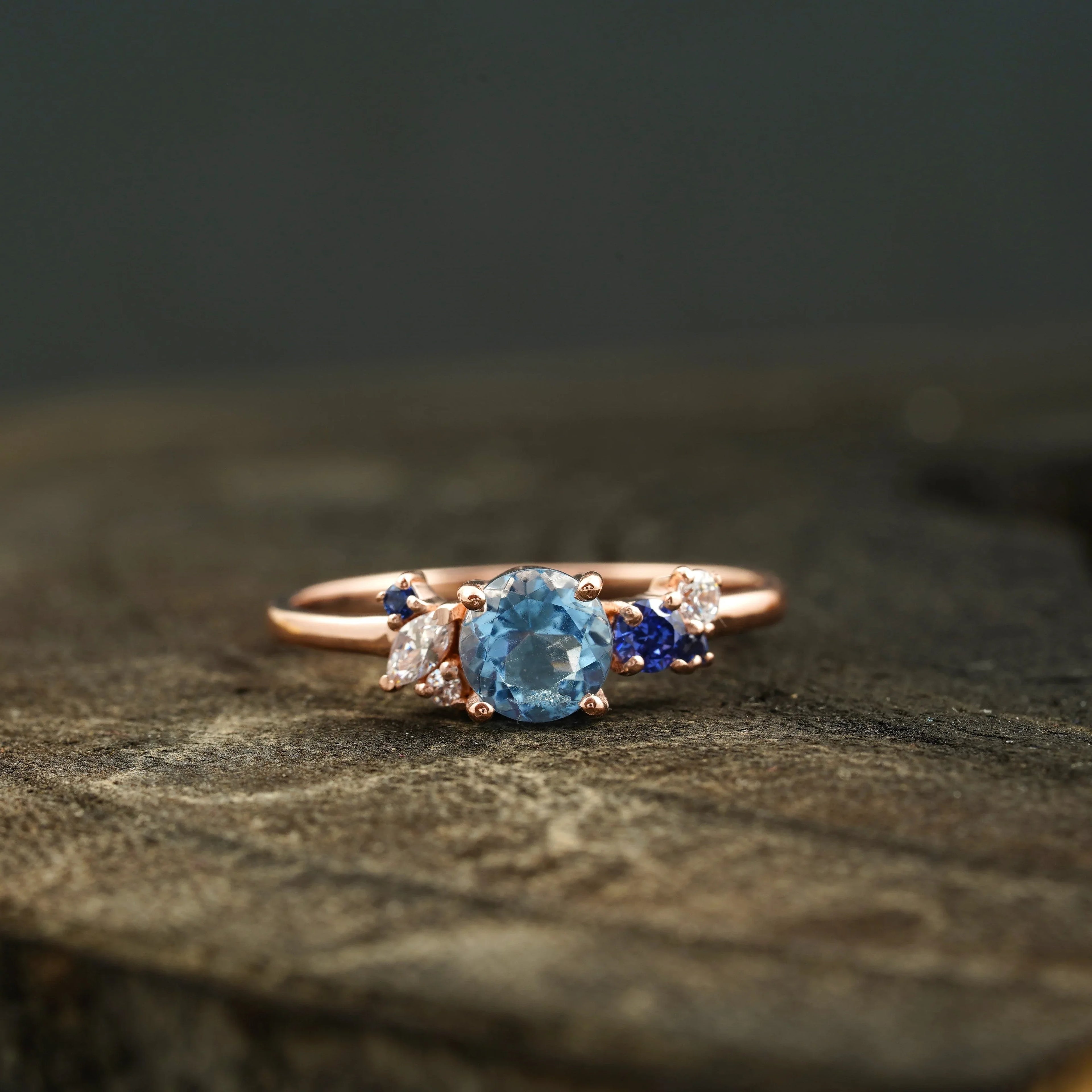 Aquamarine Cluster CZ Diamond Stacking Ring For Women - Gigiscc
