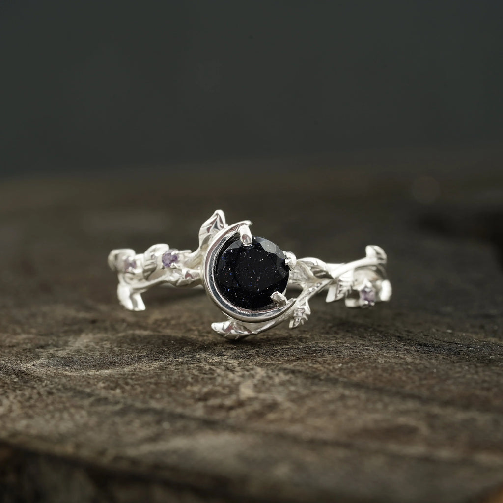 Blue Sandstone Leaf Diamond Band Engagement Ring | Sterling Silver - Gigiscc