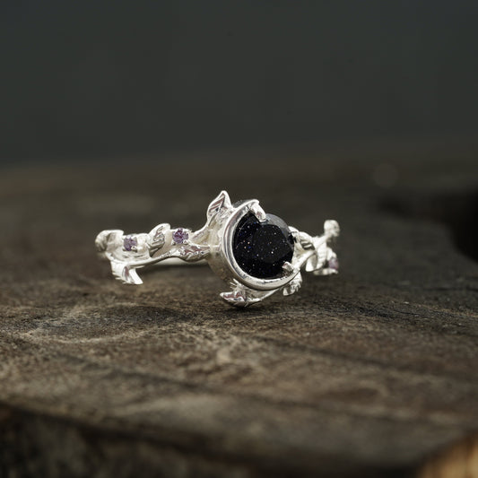 Blue Sandstone Leaf Diamond Band Engagement Ring | Sterling Silver