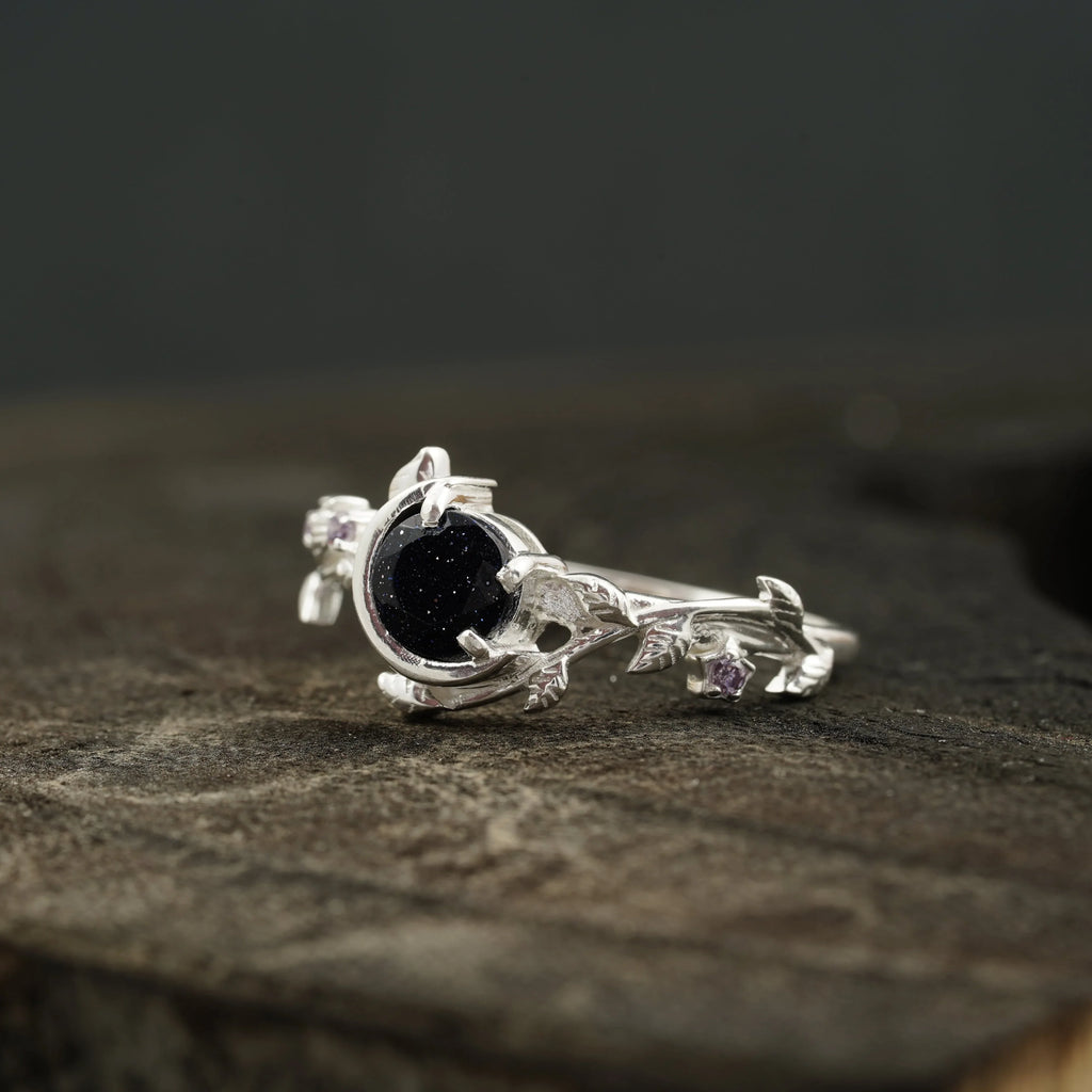 Blue Sandstone Leaf Diamond Band Engagement Ring | Sterling Silver - Gigiscc