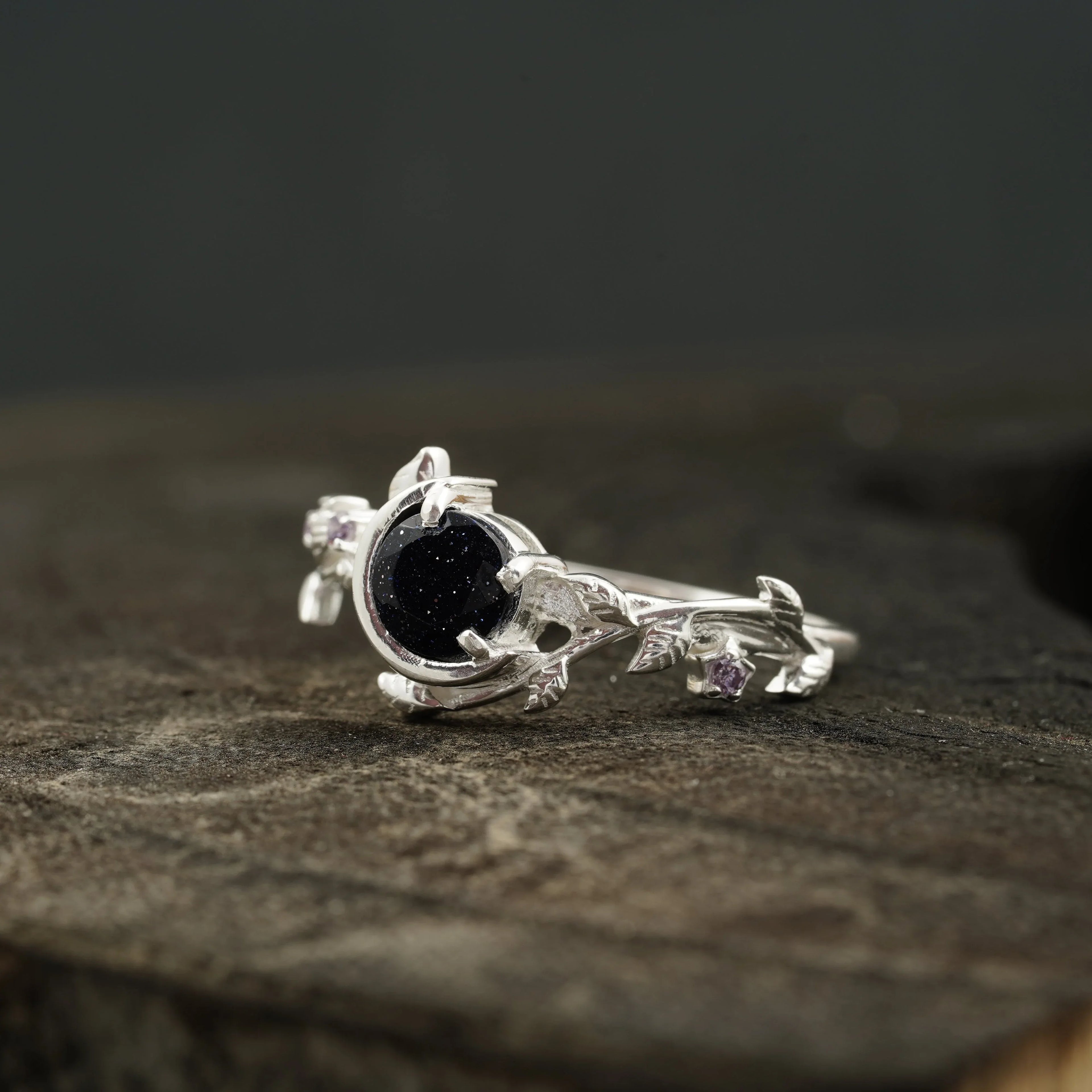 Blue Sandstone Leaf Diamond Band Engagement Ring | Sterling Silver - Gigiscc