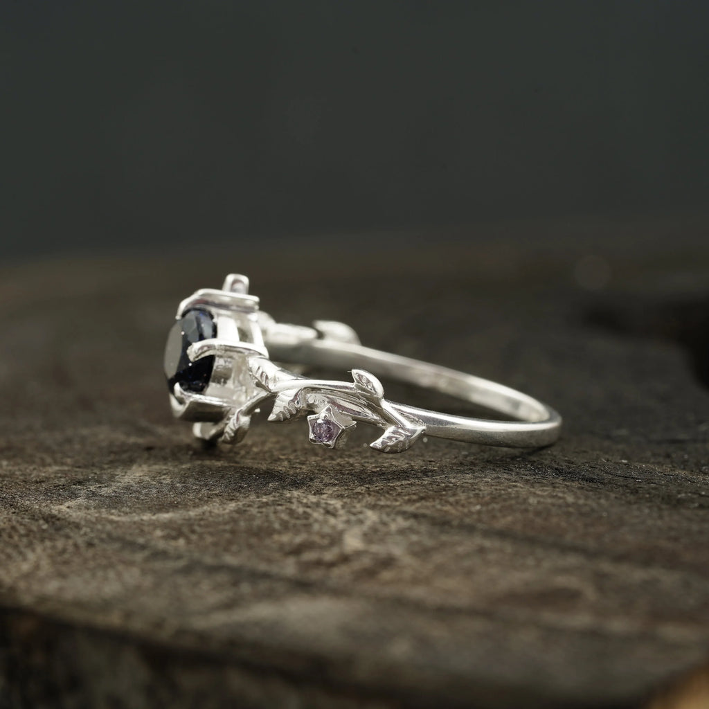 Blue Sandstone Leaf Diamond Band Engagement Ring | Sterling Silver - Gigiscc