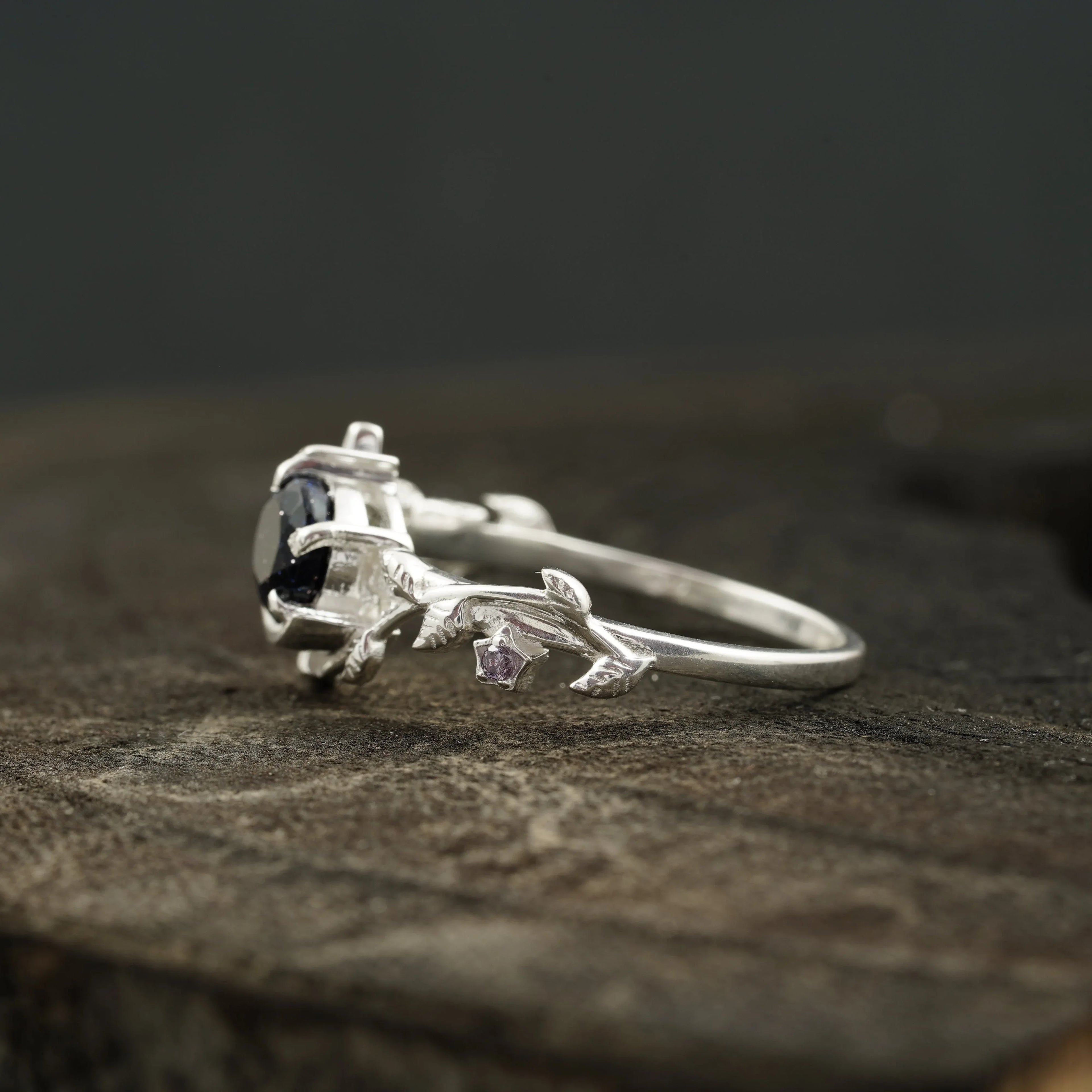 Blue Sandstone Leaf Diamond Band Engagement Ring | Sterling Silver - Gigiscc