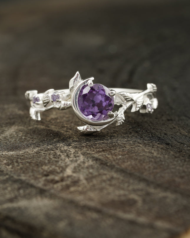 Alexandrite Moon Star Leaf Amethyst Engagement Ring