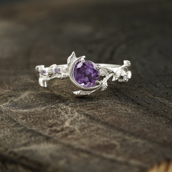 Alexandrite Moon Star Leaf Amethyst Engagement Ring