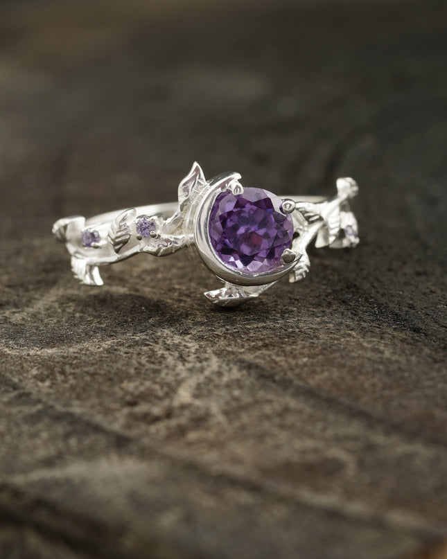 Alexandrite Moon Star Leaf Amethyst Engagement Ring Right Position