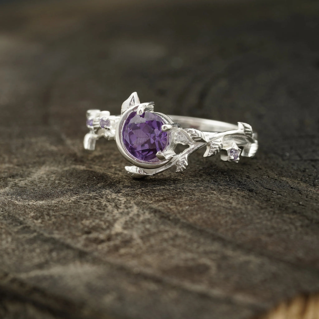 Alexandrite Moon Star Leaf Amethyst Engagement Ring - Gigiscc