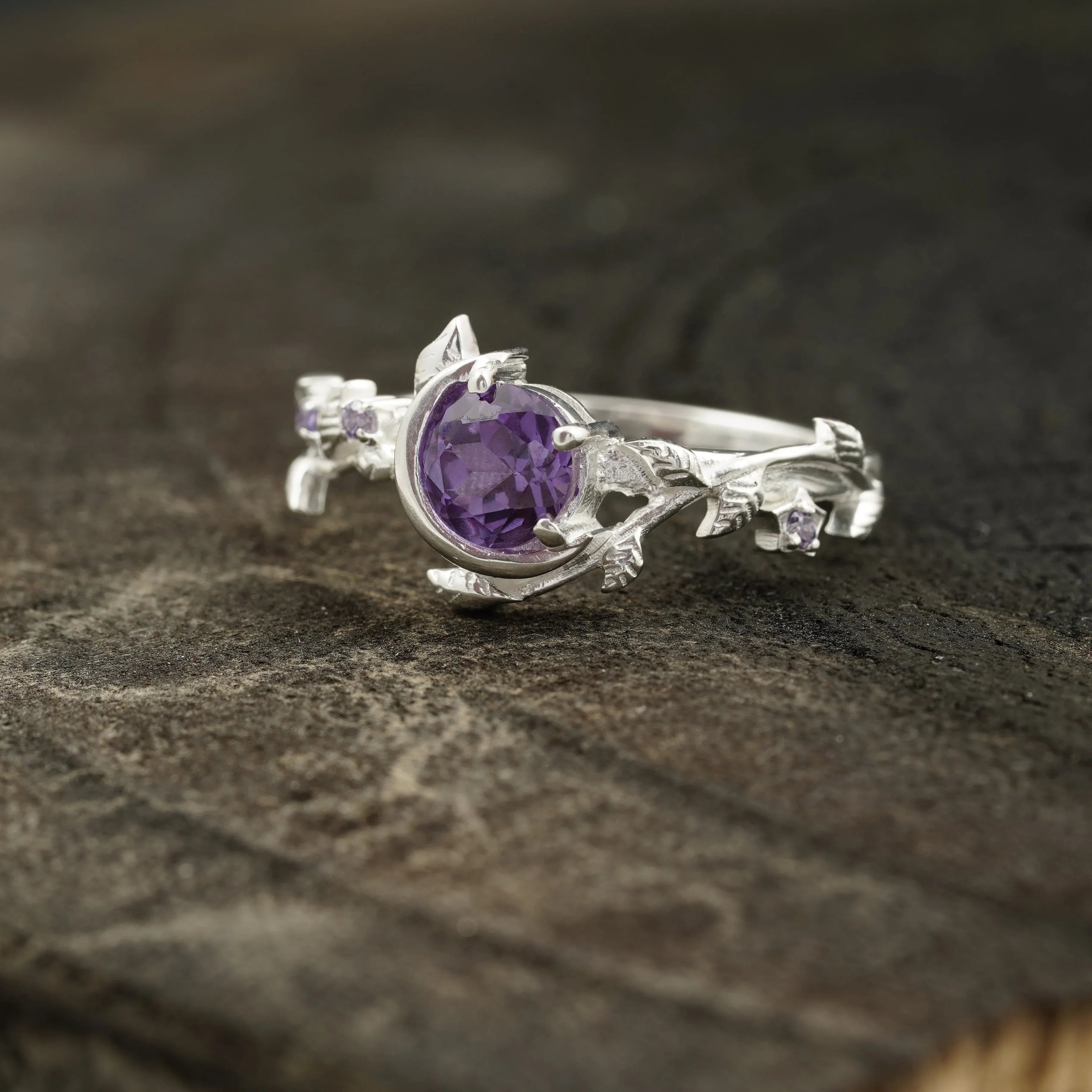 Alexandrite Moon Star Leaf Amethyst Engagement Ring - Gigiscc