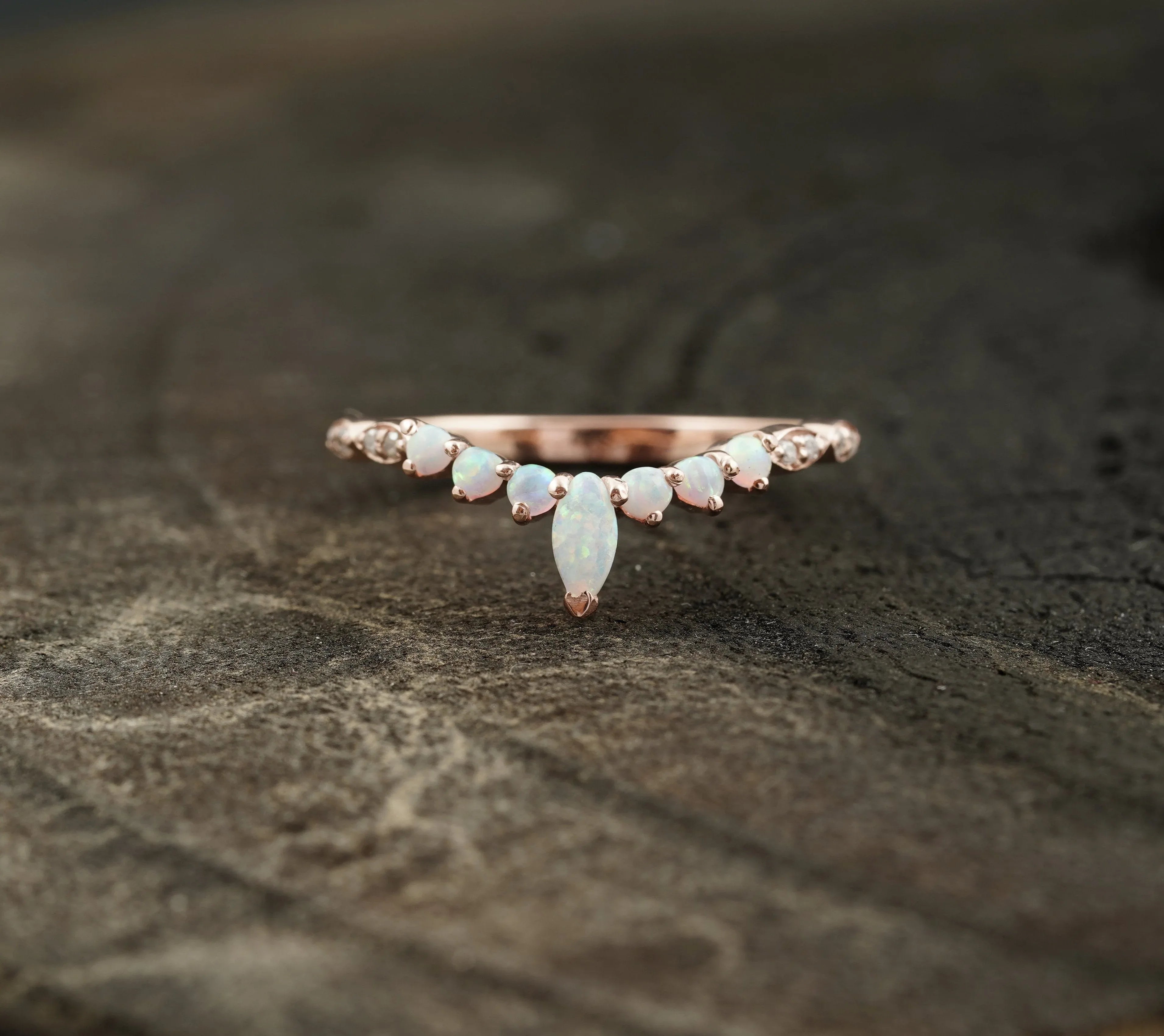 Marquise Opal Curved Wedding Band, October Birthstone, 14k Rose Gold Ring - Gigiscc