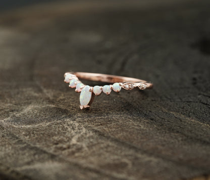 Marquise Opal Curved Wedding Band, October Birthstone, 14k Rose Gold Ring