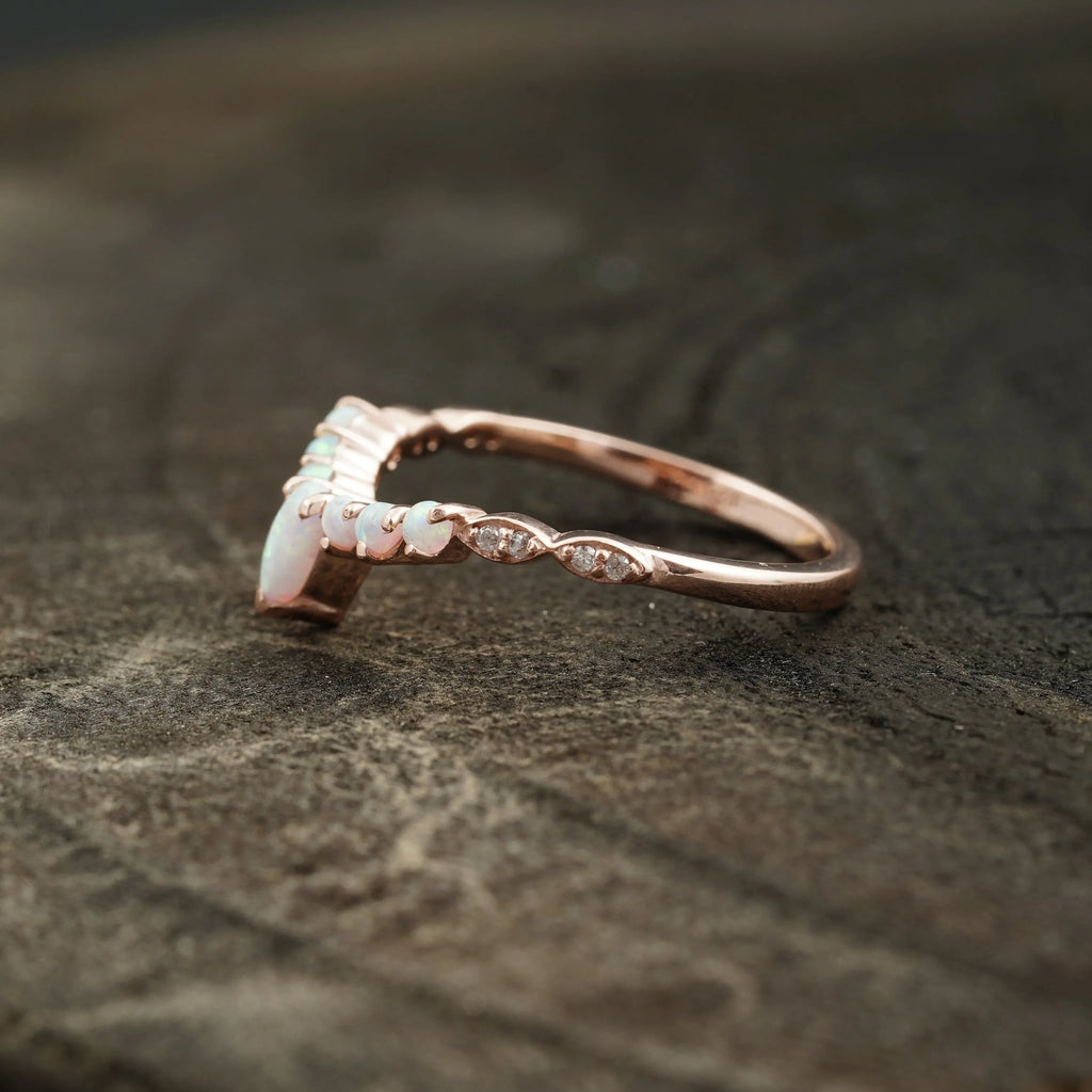Marquise Opal Curved Wedding Band, October Birthstone, 14k Rose Gold Ring - Gigiscc