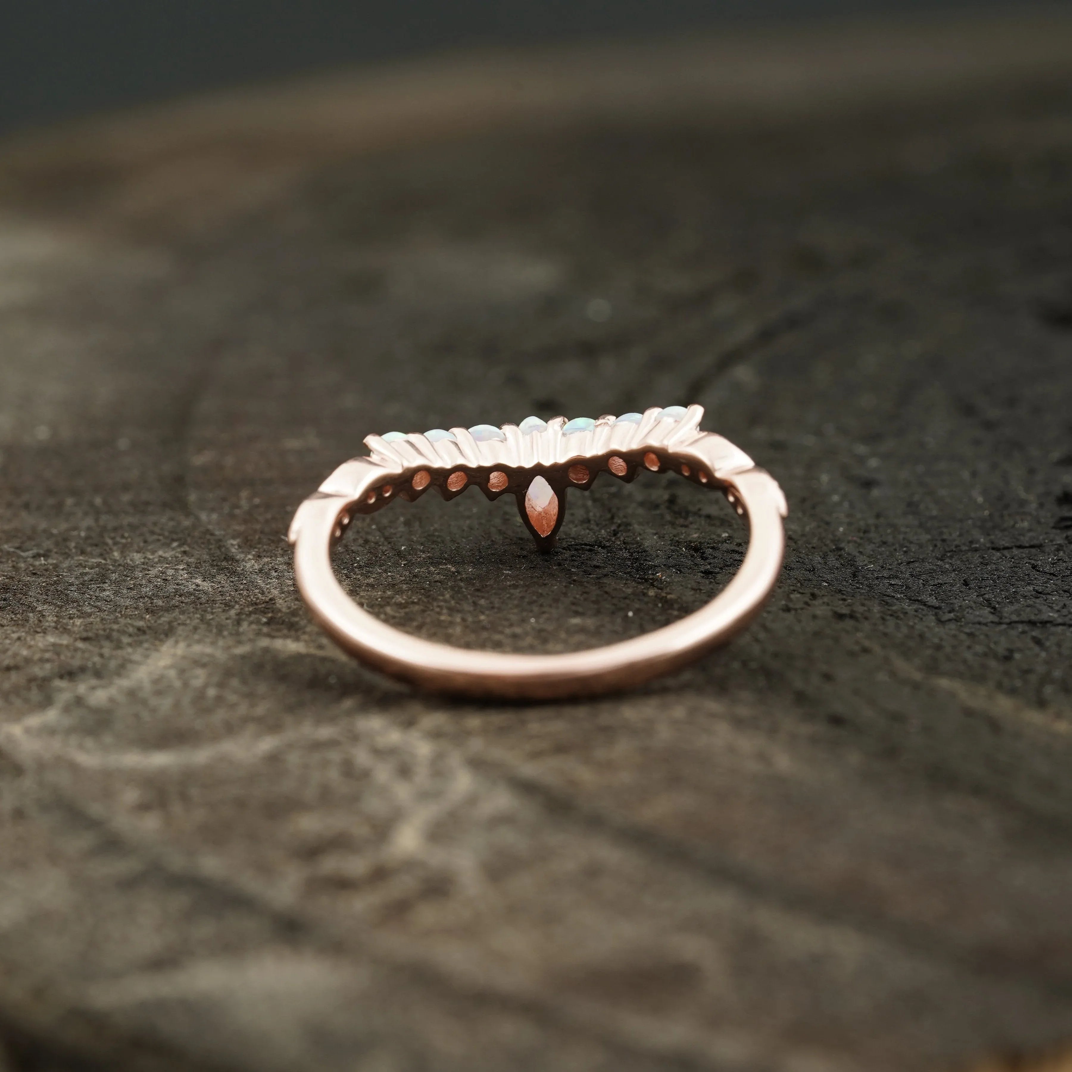 Marquise Opal Curved Wedding Band, October Birthstone, 14k Rose Gold Ring - Gigiscc